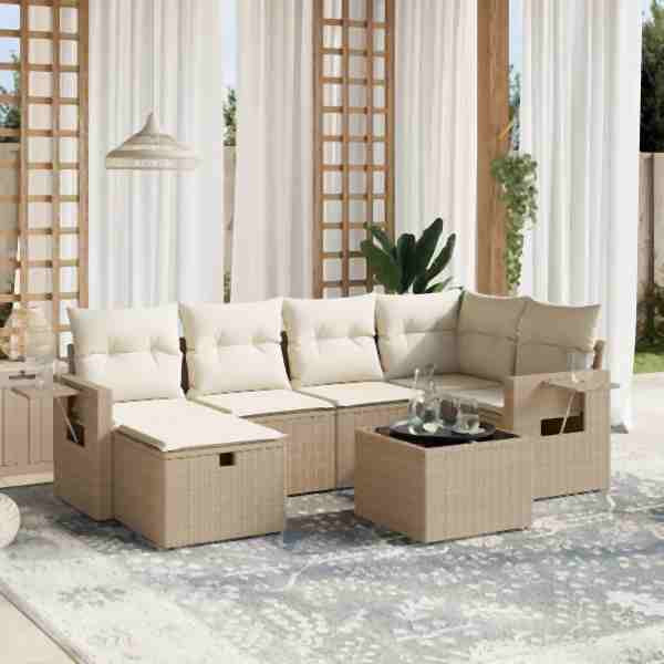 vidaXL 7-tlg. Garten-Sofagarnitur mit Kissen Beige Poly Rattan, UV-beständig, 3263804