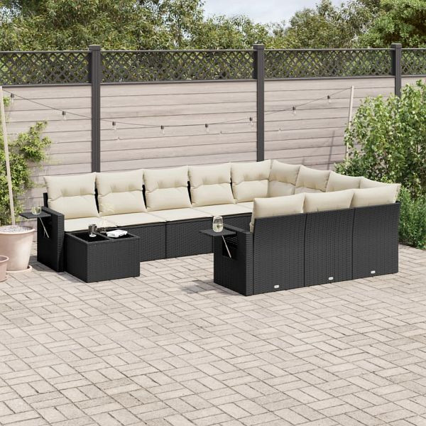 vidaXL 11-tlg. Garten-Sofagarnitur mit Kissen Schwarz Poly Rattan, 3253063