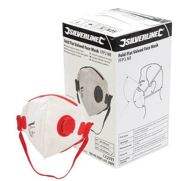 Silverline FFP-3-NR-Atemschutzmasken mit Ventil, flach gefaltet, Verkaufsdisplay, 25er-Pck, FFP3 NR, 633895