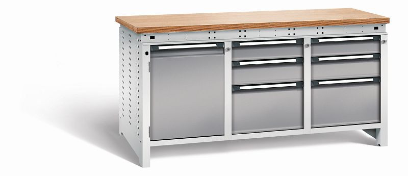 Otto Kind Werkbank Serie function Typ 311, Multiplexplatte 40 mm, bündig, 2x Unterbau + mittleres Feld, Gehäuse RAL 7035, Front RAL 7037, 072366167