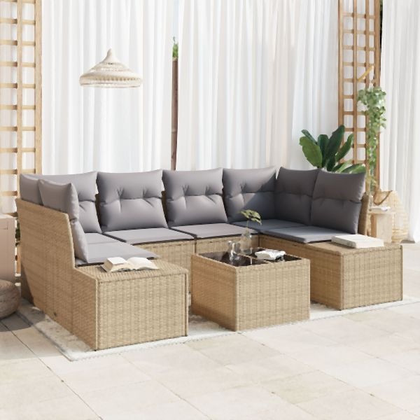 vidaXL 7-teiliges Garten-Sofa-Set mit Kissen Beige Polyrattan, 3355629