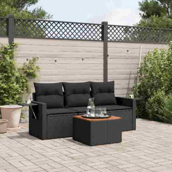 vidaXL 4-tlg. Garten-Sofagarnitur mit Kissen Schwarz Poly Rattan, UV-beständig, 3256762