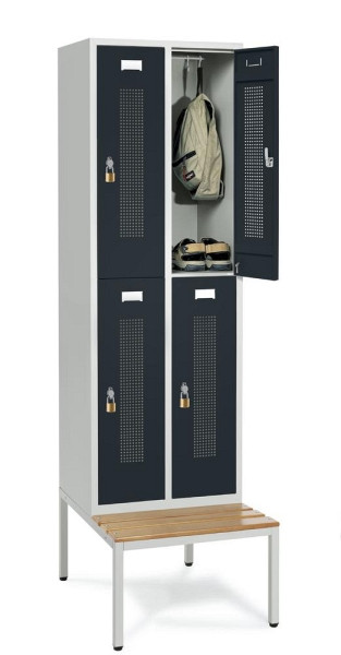 Deskin Doppelstöckiger Spind mit Sitzbank, Anthrazit RAL 7021, 590 x 800 x 2050 mm, 4 Abteile, Korpus: Lichtgrau RAL 7035, 331485