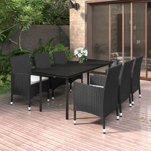 vidaXL 7-teilig Garten-Essgruppe mit Auflagen Poly Rattan und Glas, 3099683
