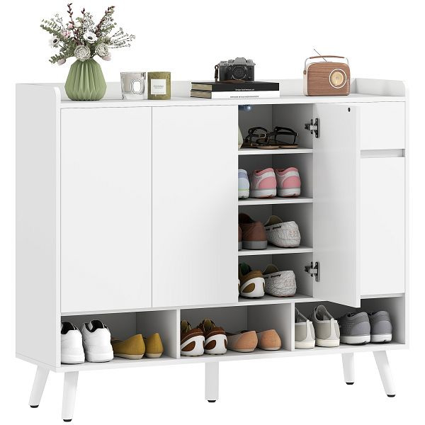 HOMCOM Schuhschrank mit grifflosem Design, 4 Türen, 4 verstellbare Regale, freistehendes Schuhregal mit 5 Holzbeinen, Holz, Weiß, 838-589V90WT
