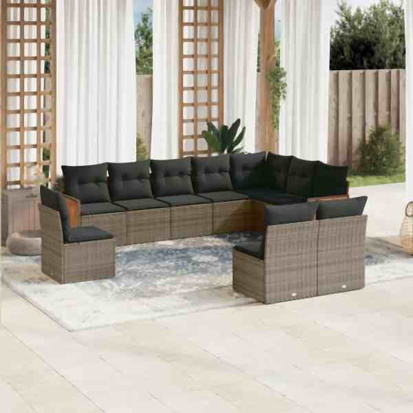 vidaXL 10-tlg. Garten-Sofagarnitur mit Kissen Grau Poly Rattan, UV-beständig, 3260156