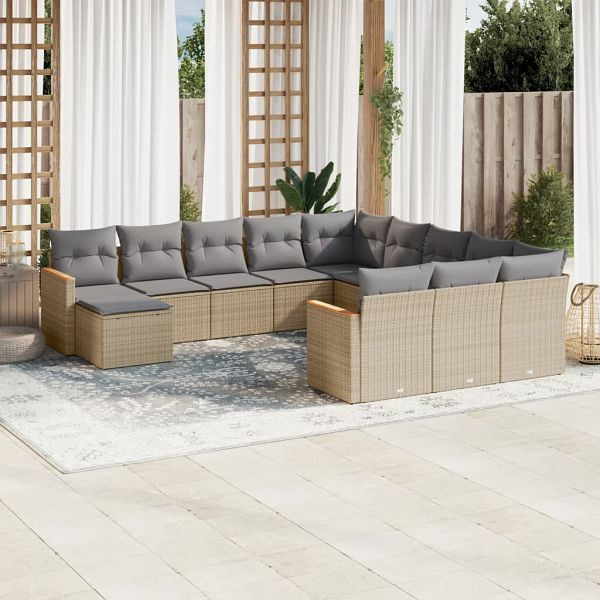 vidaXL 12-tlg. Garten-Sofagarnitur mit Kissen Beige Poly Rattan, 3226584