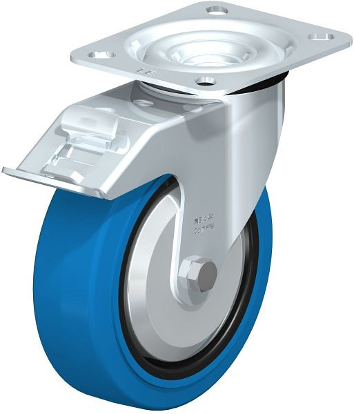 Blickle LE-POEV 125R-FI-SB-FA Stahlblech-Lenkrolle mit Anschraubplatte & Feststeller, Elastik-Vollgummi, Blau, 738811