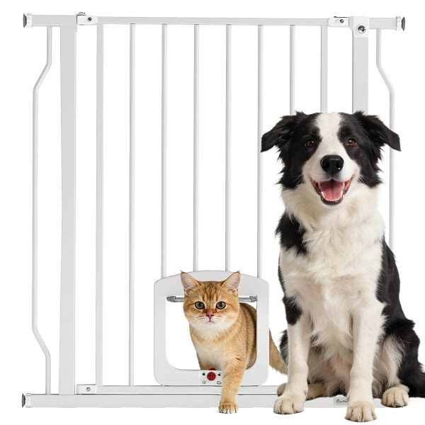 PawHut Treppenschutzgitter Türschutzgitter mit Katzenklappe ohne Bohren 75-85 cm aus Stahl für Hunde, D06-279V00WT