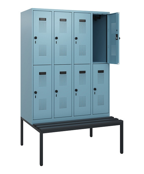 C+P Doppelstöckiger Spind Evolo PLUS, Bank, 8 Fächer, 1950x1200x815mm, 0010/0010, Drehriegel, Sitzfläche Kunststoff, Sitzbank, 0493505-40 S10123