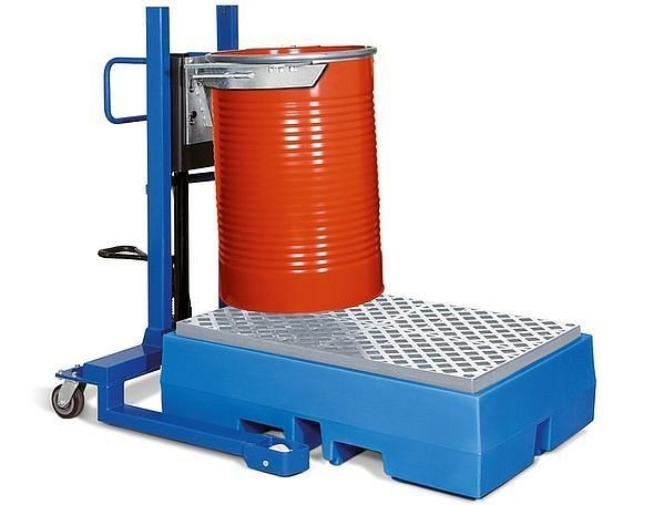 asecos Fasslifter aus Stahl, mit Fußpumpe, mit breitem Fahrwerk, Hubbereich 0–520 mm, 2539