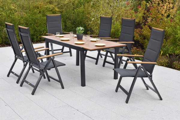 Merxx Verona Set 7-teilig, 6 Verona Klappsessel, 1 Ausziehtisch 150 (200) x 90 cm, Tischplatte aus Kunststoff in Holzoptik, 51029-309
