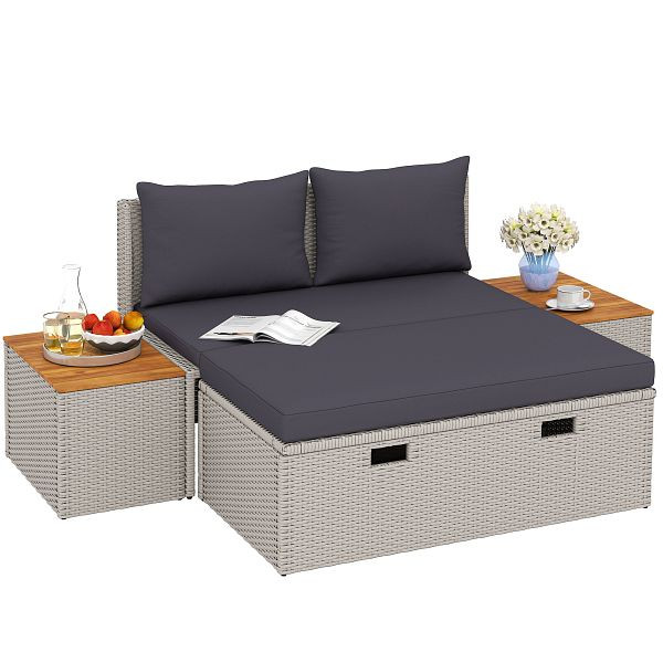 Outsunny Polyrattan Sonnenliege für 2 Personen Doppelliege mit Fußhocker Stauraum Auflagen 125x114x72,5 cm Grau, 862-076V90GY