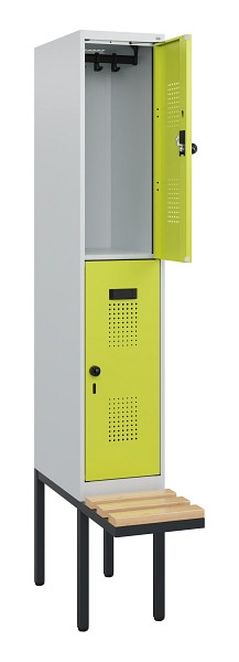 C+P Doppelstock-Spind Evolo PLUS, Bank, 2 Fächer, 1950x300x815mm, 7035/0024, Drehriegel, Sitzfläche Buche-Hartholz, 0493405-10 S10015