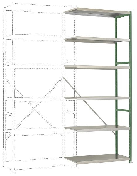 Manuflex Mittelschweres Fachboden-Steckregal Anbauregal mit 6 Stahlböden, HxBxT = 2500 x 1000 x 400 mm, resedagrün, RP1418.6011