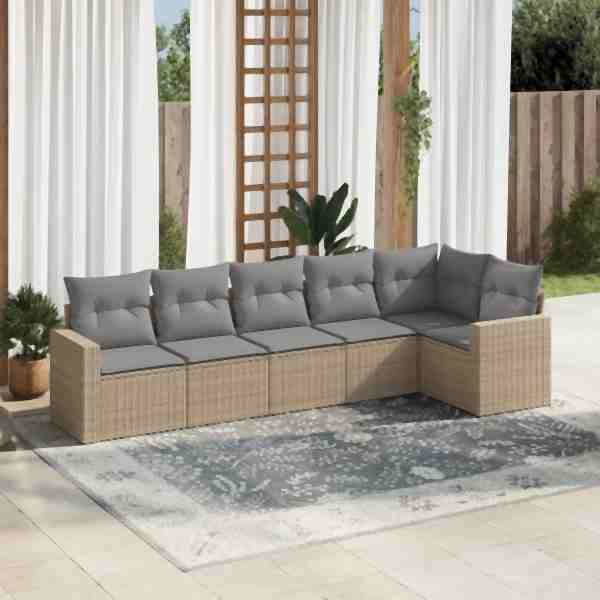 vidaXL 6-tlg. Garten-Sofagarnitur mit Kissen Beige Poly Rattan, UV-beständig, 3218979