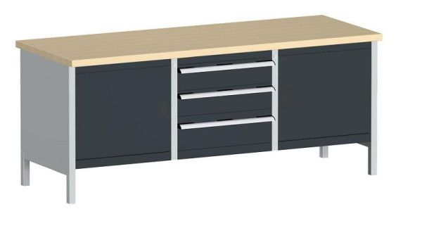 bott cubio Kastenwerkbank mit 3 Schubladen 2 Türen, 2 Ablagen, Multiplex-Arbeitsplatte BxTxH: 2000 x 750 x 840 mm, RAL 7035/7016, 41002055.19V