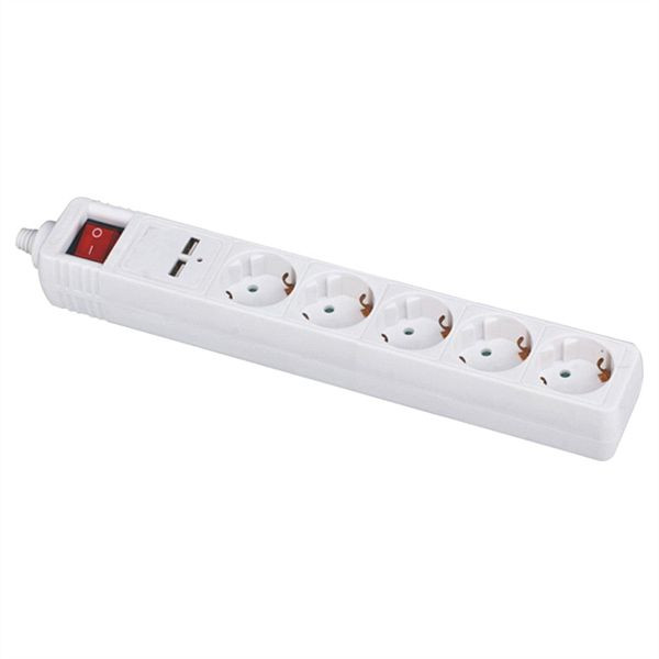 VALUE 5-fach Steckdosenleiste mit Schalter + 2x USB Charger, weiß, 1,5 m, 19.99.1036
