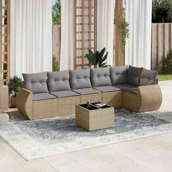 vidaXL 7-tlg. Garten-Sofagarnitur mit Kissen Beige Poly Rattan, UV-beständig, 3221398