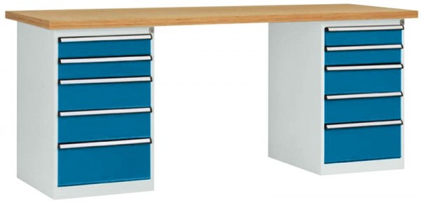 Manuflex Werkbanksystem COMBI, 2 Gehäuse Modell 2 mit massiver Bucheplatte, BxTxH = 2000 x 700 x 840 mm, Brillantblau, WC5113.5007