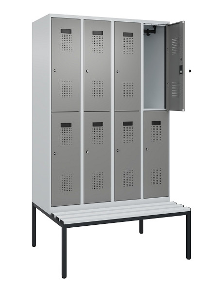 C+P Doppelstock-Spind Evolo PLUS, Bank, 8 Fächer, 2120x1200x815mm, 7035/0004, Zylinderschloss, Sitzfläche Kunststoff, Sitzbank, 0493507-40 S10122