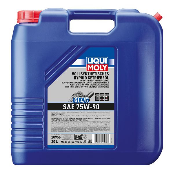 LIQUI MOLY Vollsynthetisches Hypoid Getriebeöl (GL4/5) 75W-90, Kanister Kunststoff, VE: 20 Liter, 20956