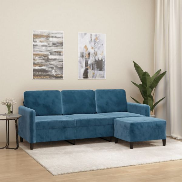 vidaXL 3-Sitzer-Sofa mit Hocker Blau 180 cm Samt, 3201183