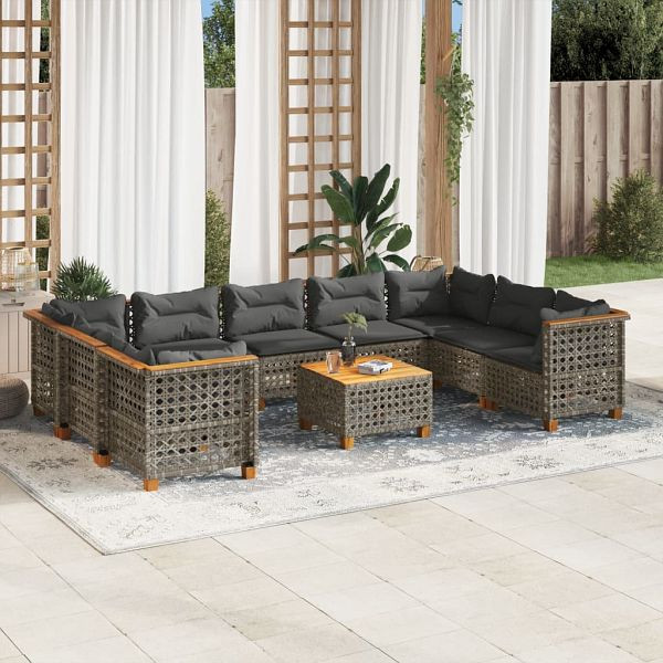 vidaXL 10-teilig Garten-Sofagarnitur mit Kissen Grau Poly Rattan, 3261987