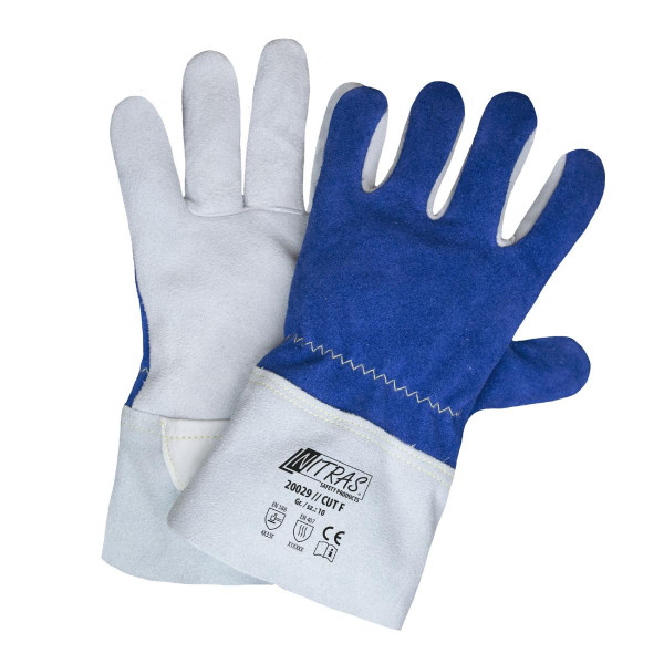 NITRAS CUT F, Schnittschutzhandschuhe, gewendetes Vollleder grau, Spaltleder blau, Innenhand mit Schnittschutzfutter, Größe: 9, VE: 60 Paar, 20029-9