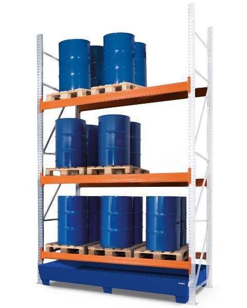 DENIOS Gefahrstoff-Palettenregal, Anbaufeld, 3 Lagerebenen, lackierte Auffangwanne, 2800 x 1300 x 3800 mm, 329153