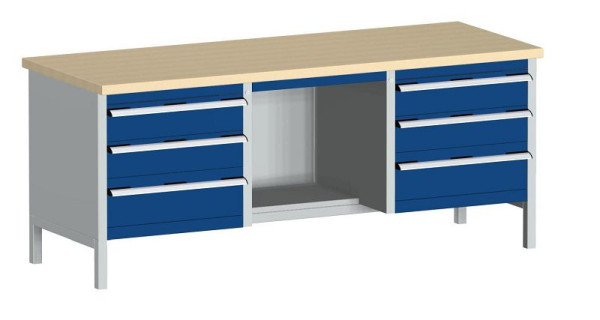 bott cubio Kastenwerkbank mit 6 Schubladen Ablage, Multiplex-Arbeitsplatte BxTxH: 2000 x 750 x 840 mm, RAL 7035/5010, 41002073.11V