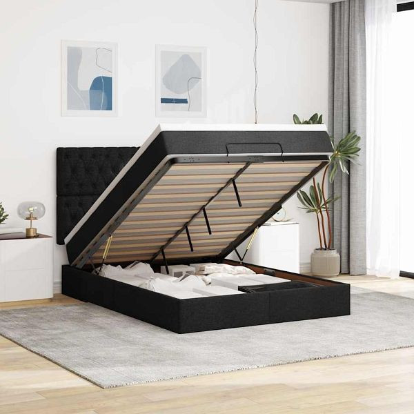 vidaXL Ottoman-Bett mit Matratze Schwarz 140x190 cm Stoff, 3313239