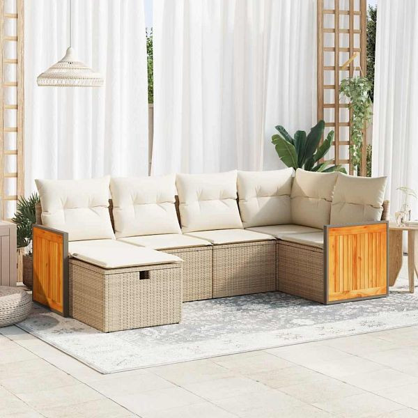 vidaXL 6-tlg. Garten-Sofagarnitur mit Kissen Beige Poly Rattan, 3326027