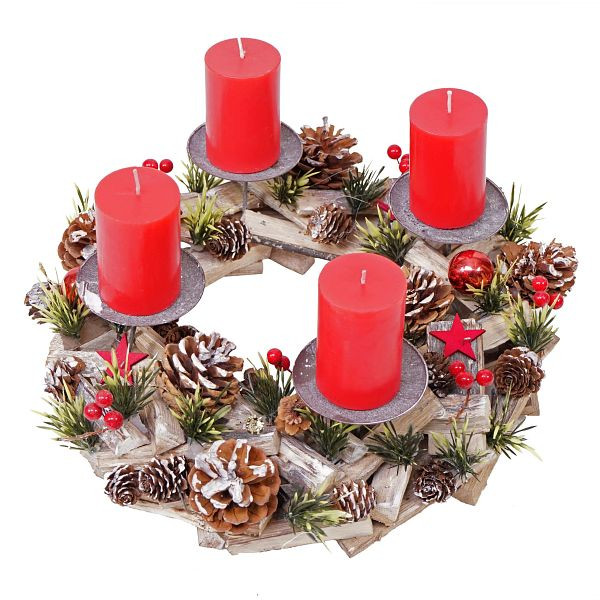 Mendler Adventskranz HWC-H50, Weihnachtsdeko Adventsgesteck Weihnachtsgesteck, Holz rund Ø 33cm, inkl. 4x Kerzen rot, 73495
