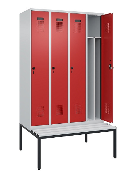 C+P Spind Evolo PLUS, 4 Abteile, 2120x1200x815mm, 7035/3000, Haken 4, Drehriegel, Sitzfläche Kunststoff, Sitzbank, 0490507-40F S10057