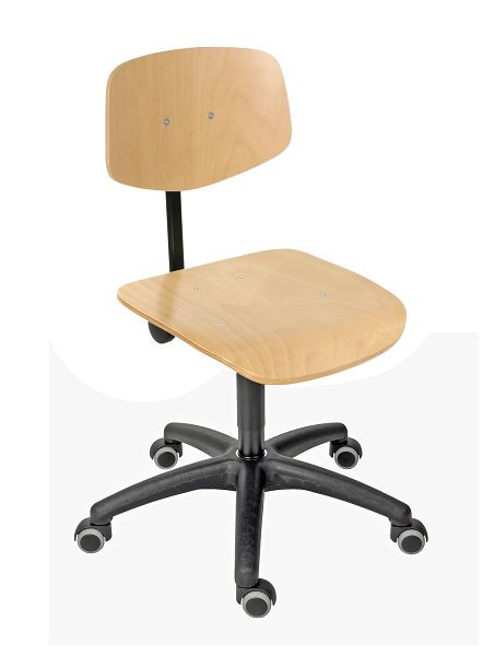 Lotz Arbeitsstuhl, Sitz/Rücken Buche natur, lackiert, Kunststoff-Fußkreuz schwarz, Doppelrollen, Sitzhöhe 445-635 mm, 6162.12