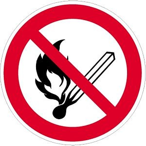 Moedel Feuer, offenes Licht und Rauchen verboten ISO 7010, Folie, Ø 50 mm, VE: 10 Stück/Bogen, 58581