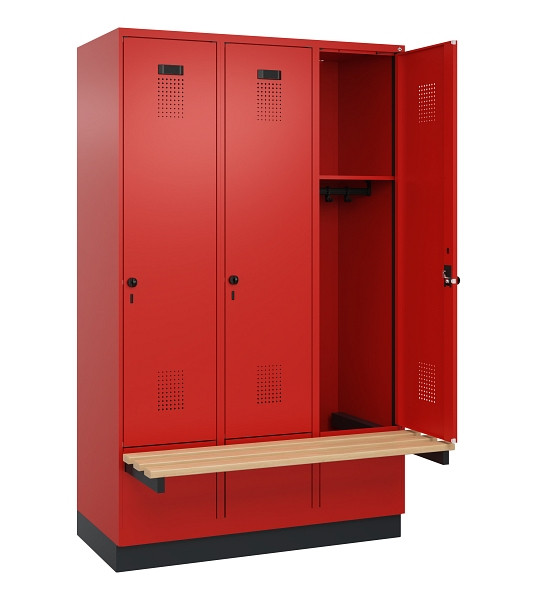 C+P Spind Evolo PLUS, 3 Abteile, 1950x1200x815mm, 3020/3020, Drehriegel, Sitzfläche Holz, Sitzbank auskragend Sockel, 049040-32 S10025