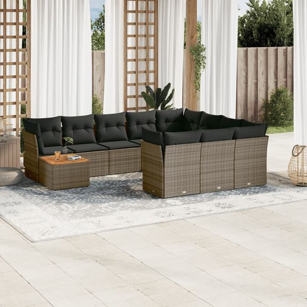 vidaXL 11-teilig Garten-Sofagarnitur mit Kissen Grau Poly Rattan, 3256179