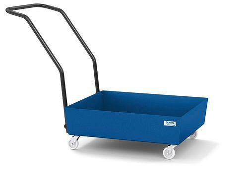 DENIOS Fahrbare Auffangwanne classic-line für 1 Fass à 60 l, blau lackiert, ohne Gitterrost, 259375