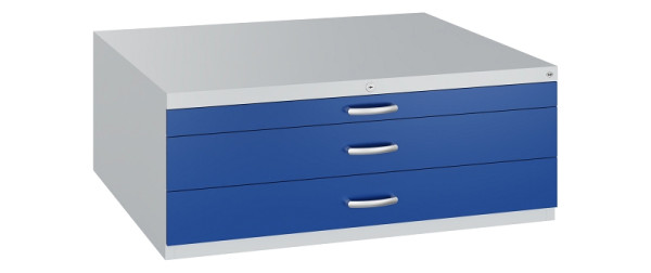 C+P Flachablageschrank Serie 7100_7200, H420xB1100xT765mm, 7035/5010, 2 Schubladenblenden doppelwandig, 7100-100 S10204