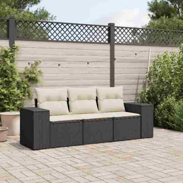 vidaXL 3-tlg. Garten-Sofagarnitur mit Kissen Schwarz Poly Rattan, UV-beständig, 3254593