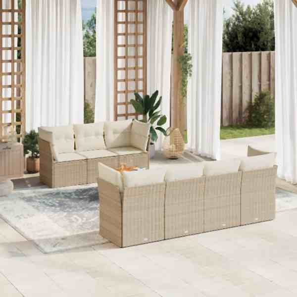 vidaXL 8-tlg. Garten-Sofagarnitur mit Kissen Beige Poly Rattan, UV-beständig, 3223503