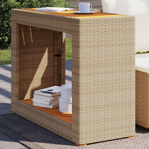 vidaXL Garten-Beistelltisch mit Holzplatte Beige Poly Rattan, 366308