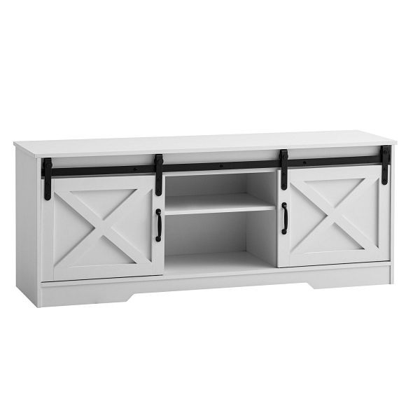 Wohnling Lowboard Weiß 150x59,5x39,5cm TV-Kommode Landhaus-Stil, Design TV-Schrank Hoch, Fernsehtisch Fernsehschrank mit zwei Schiebe-Türen, WL6.879