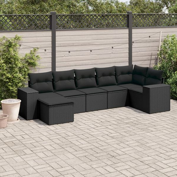 vidaXL 7-teilig Garten-Sofagarnitur mit Kissen Schwarz Poly Rattan, 3222874