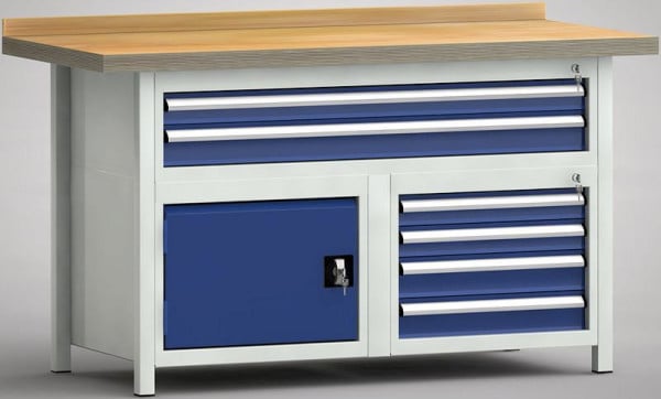 KLW Standard-Werkbank - 1500 x 700 x 900 mm L x T x H (ERGO-Version), Oben 75EA/100EA, Unten L: Tür, R: 2x75EA/2x100EA, WSK55E-1500M40-E7023