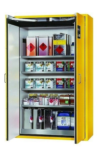 asecos Sicherheitsschrank S-CLASSIC-90, S90.196.120 in sicherheitsgelb RAL 1004 mit 4x Fachboden (Edelstahl), 30115-002-30136