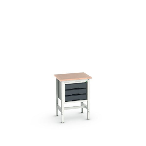 bott verso Werkbank (Multiplex-Platte) mit Querstrebenset und 3 Schubladen, BxTxH: 700 x 600 x 780 - 930 mm, Lichtgrau / Anthrazitgrau, 16921602.19