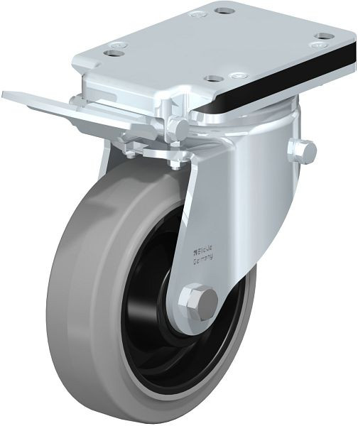 Blickle LH-POEV 160KD-IS-SG Stahlblech-Lenkrolle, Schwerlast-Ausführung, mit Anschraubplatte & Feststeller, Elastik-Vollgummi, Grau, 739954